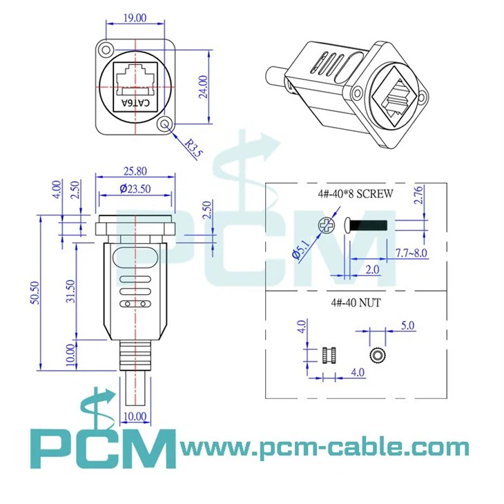 cat6a keystone coupler size dimensions Panel Mount Ethernet RJ45 Cat6A Extension Cable